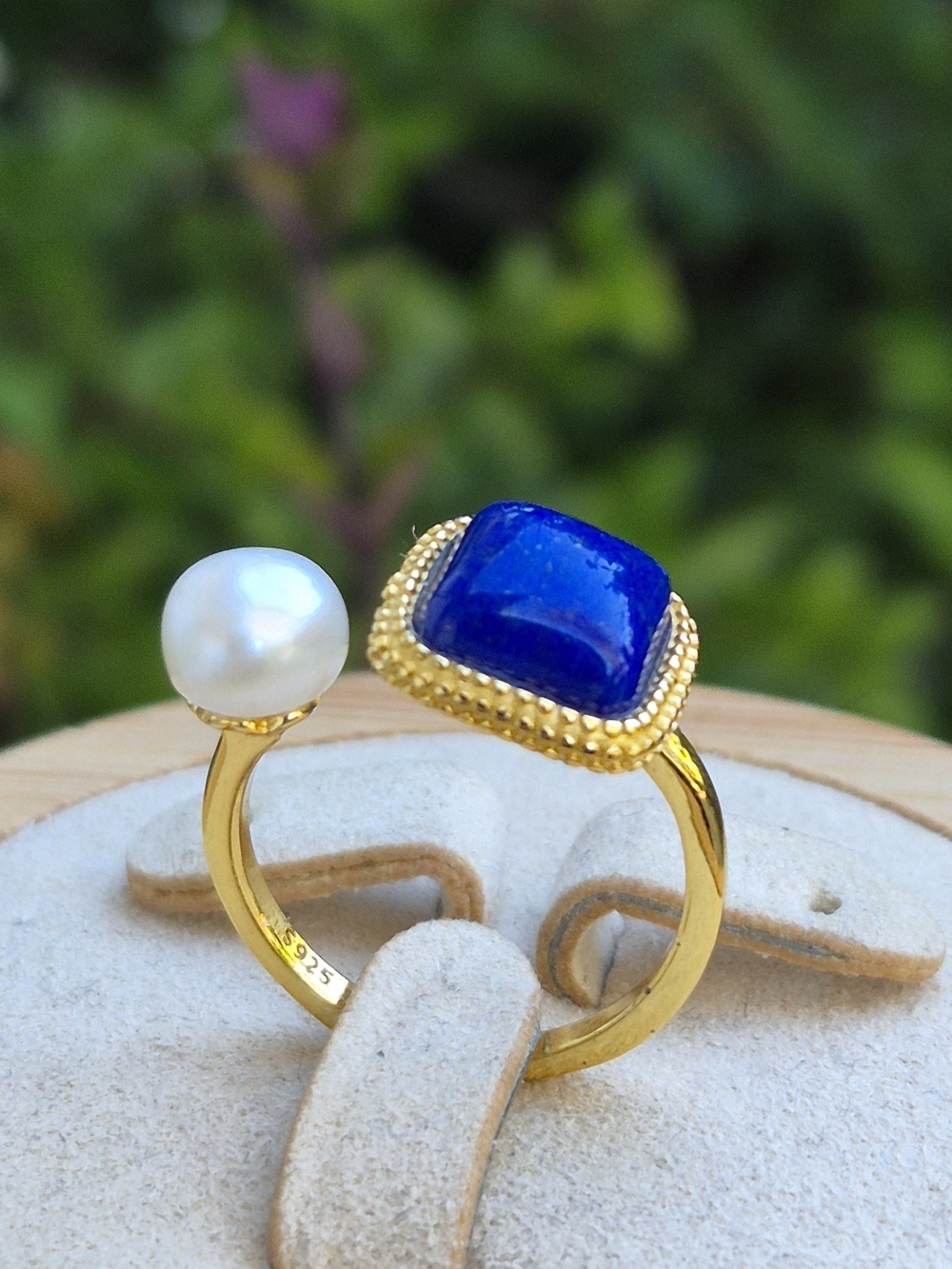 Vermeil  Open Ring with Lapis  and Pearl